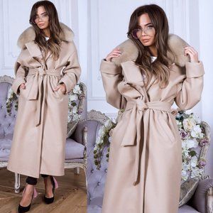NWT E Pokalitsyna Wrap Coat Genuine Fox Collar